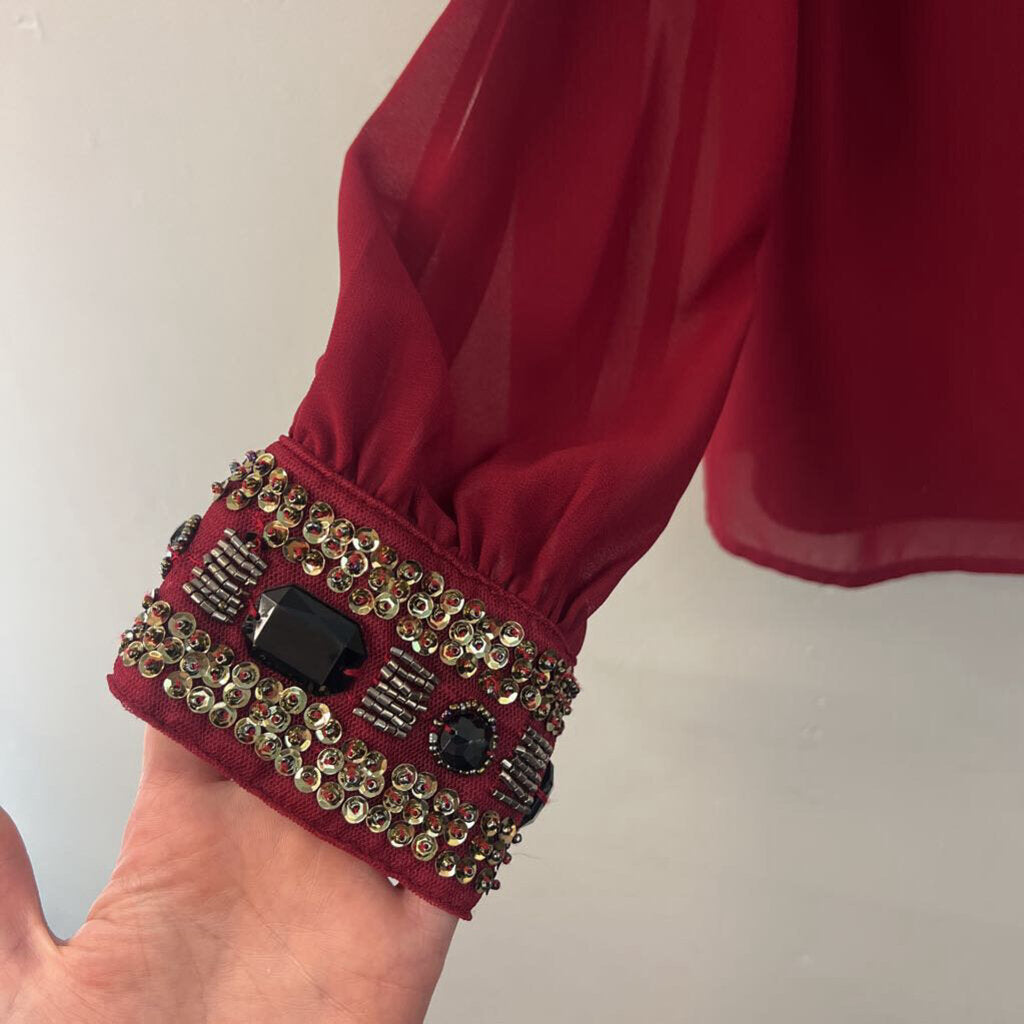 Buttons Burgundy Long Embellished Cuff Sleeve Cold Shoulder Top Medium