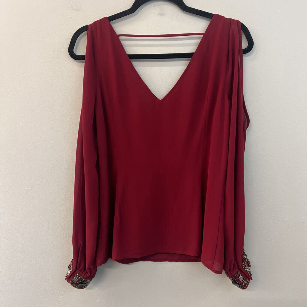 Buttons Burgundy Long Embellished Cuff Sleeve Cold Shoulder Top Medium