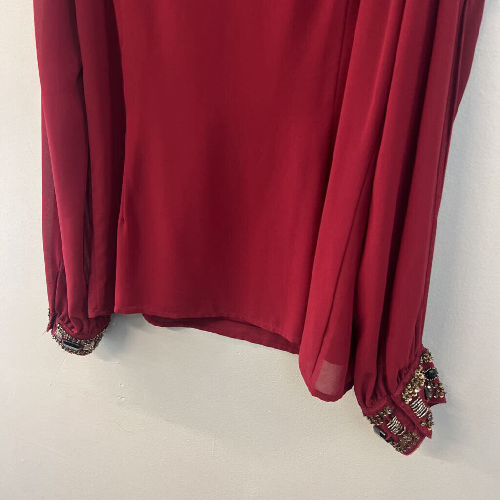 Buttons Burgundy Long Embellished Cuff Sleeve Cold Shoulder Top Medium