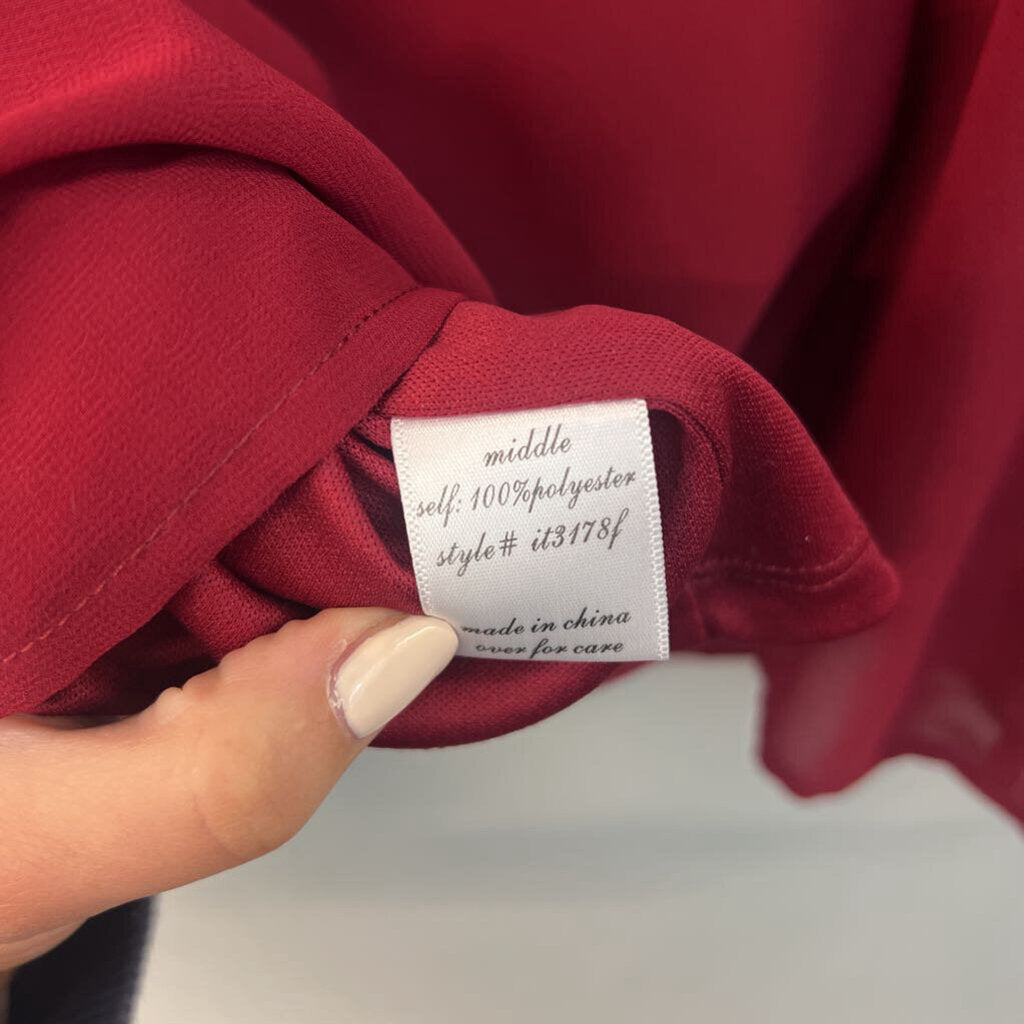 Buttons Burgundy Long Embellished Cuff Sleeve Cold Shoulder Top Medium