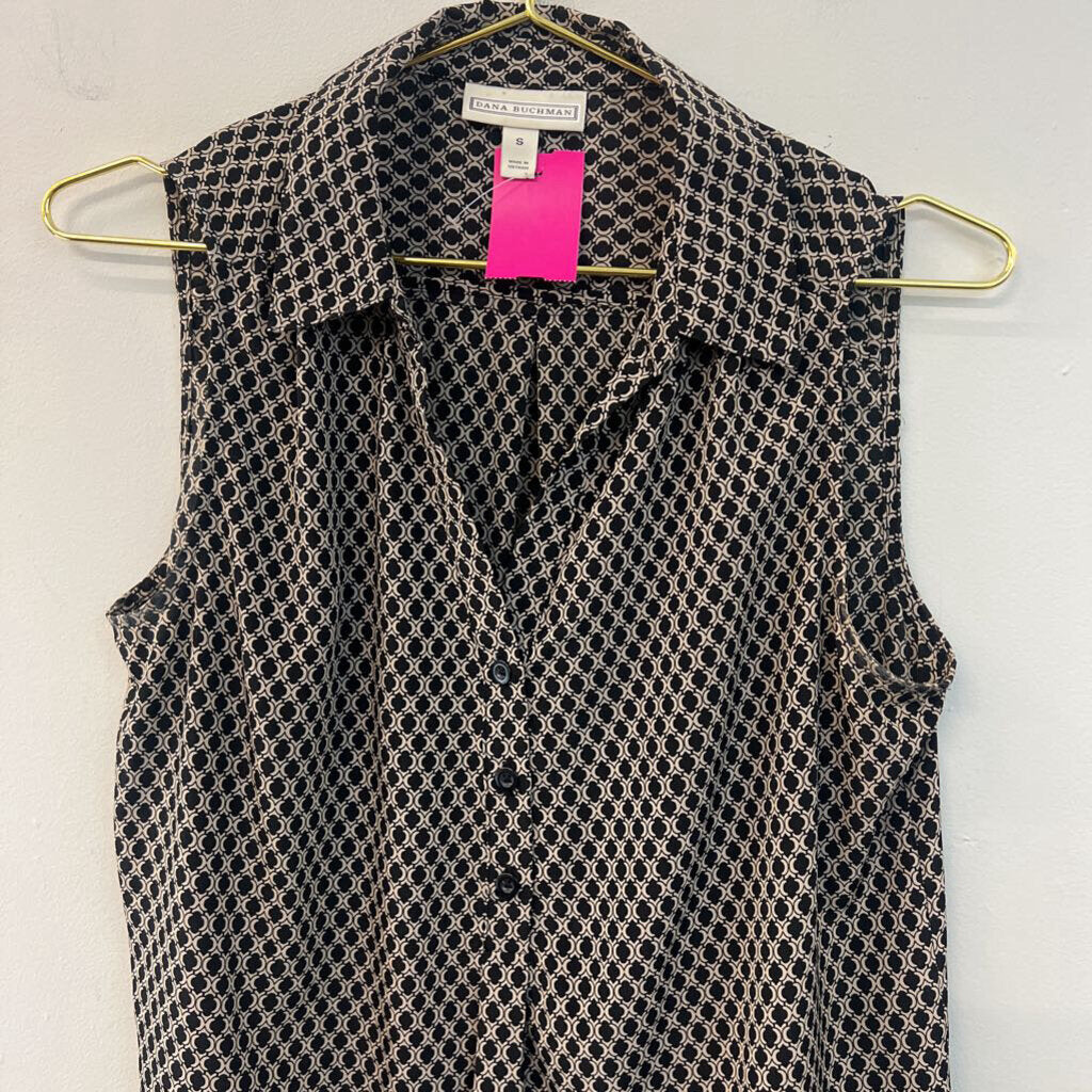 Dana Buchman Black/ Beige Print Sleeveless Button Down Top Small