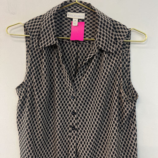 Dana Buchman Black/ Beige Print Sleeveless Button Down Top Small