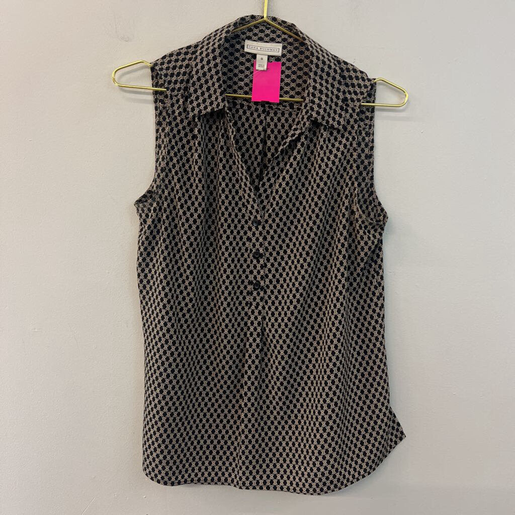 Dana Buchman Black/ Beige Print Sleeveless Button Down Top Small