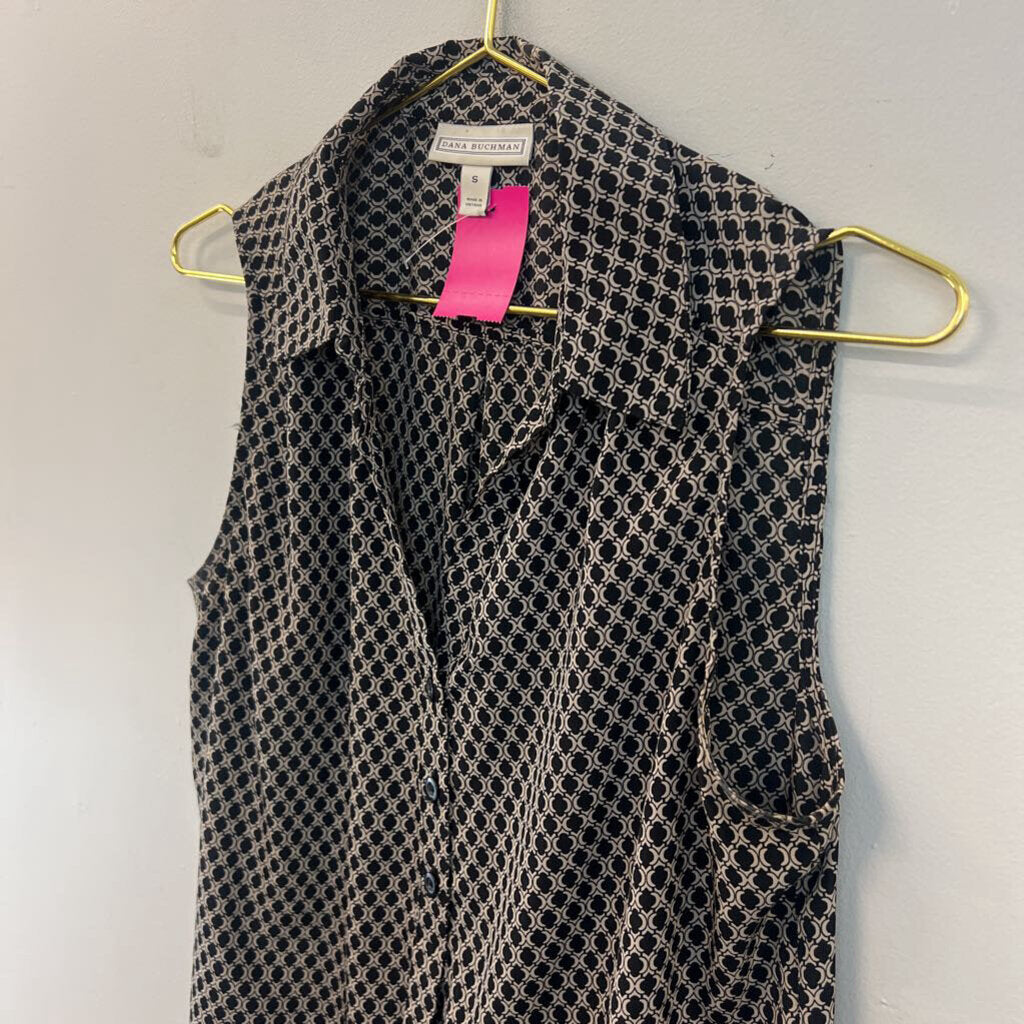 Dana Buchman Black/ Beige Print Sleeveless Button Down Top Small