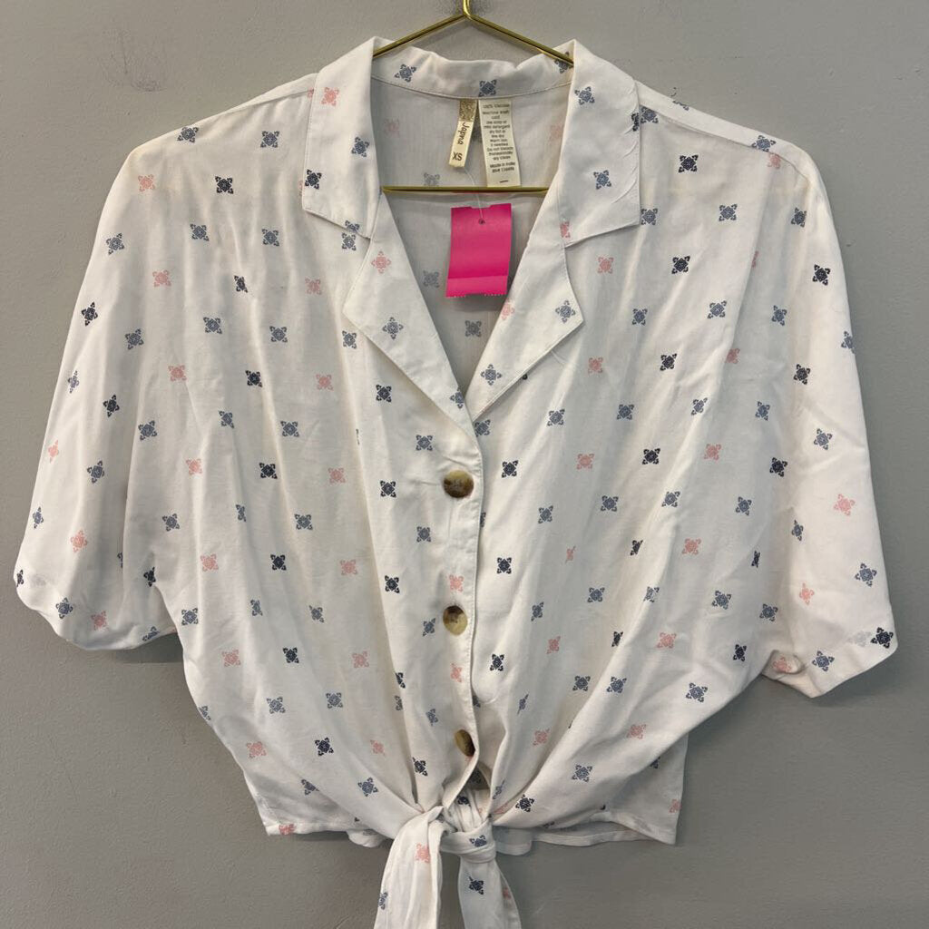 Japna White/ Blue/ Pink Print Short Sleeve Button Down Tie Front Top Extra Small