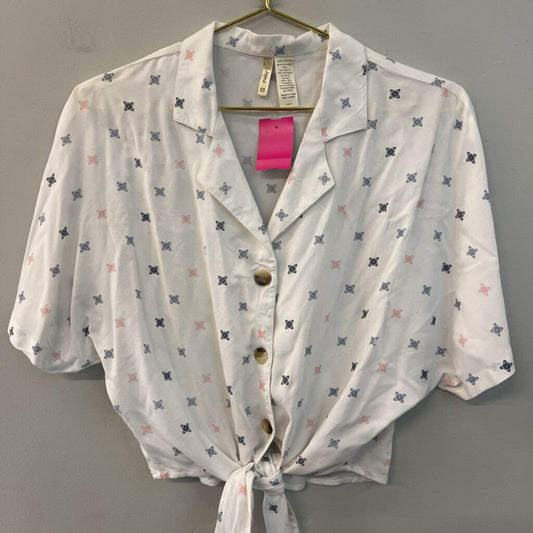 Japna White/ Blue/ Pink Print Short Sleeve Button Down Tie Front Top Extra Small