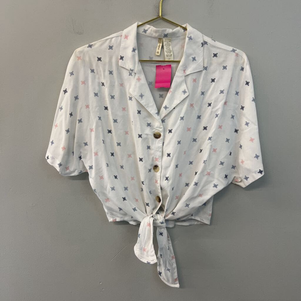 Japna White/ Blue/ Pink Print Short Sleeve Button Down Tie Front Top Extra Small