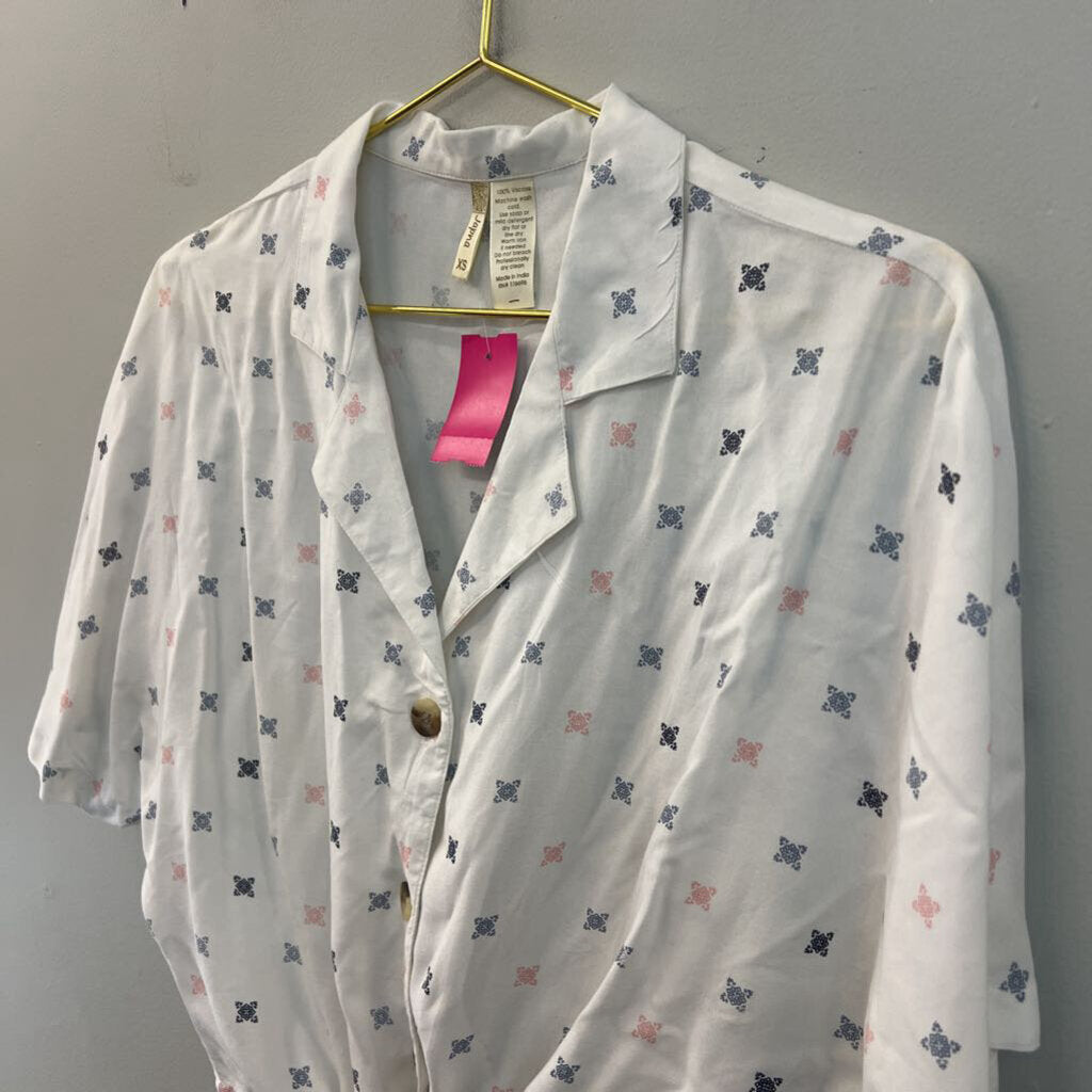Japna White/ Blue/ Pink Print Short Sleeve Button Down Tie Front Top Extra Small