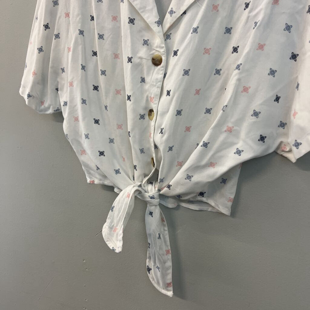 Japna White/ Blue/ Pink Print Short Sleeve Button Down Tie Front Top Extra Small