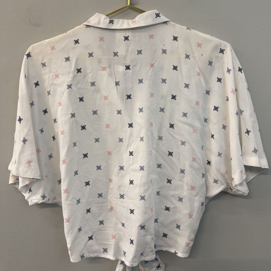 Japna White/ Blue/ Pink Print Short Sleeve Button Down Tie Front Top Extra Small