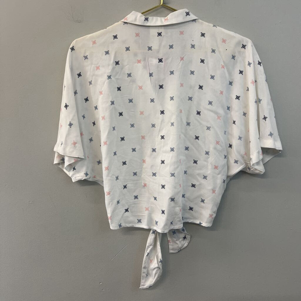 Japna White/ Blue/ Pink Print Short Sleeve Button Down Tie Front Top Extra Small