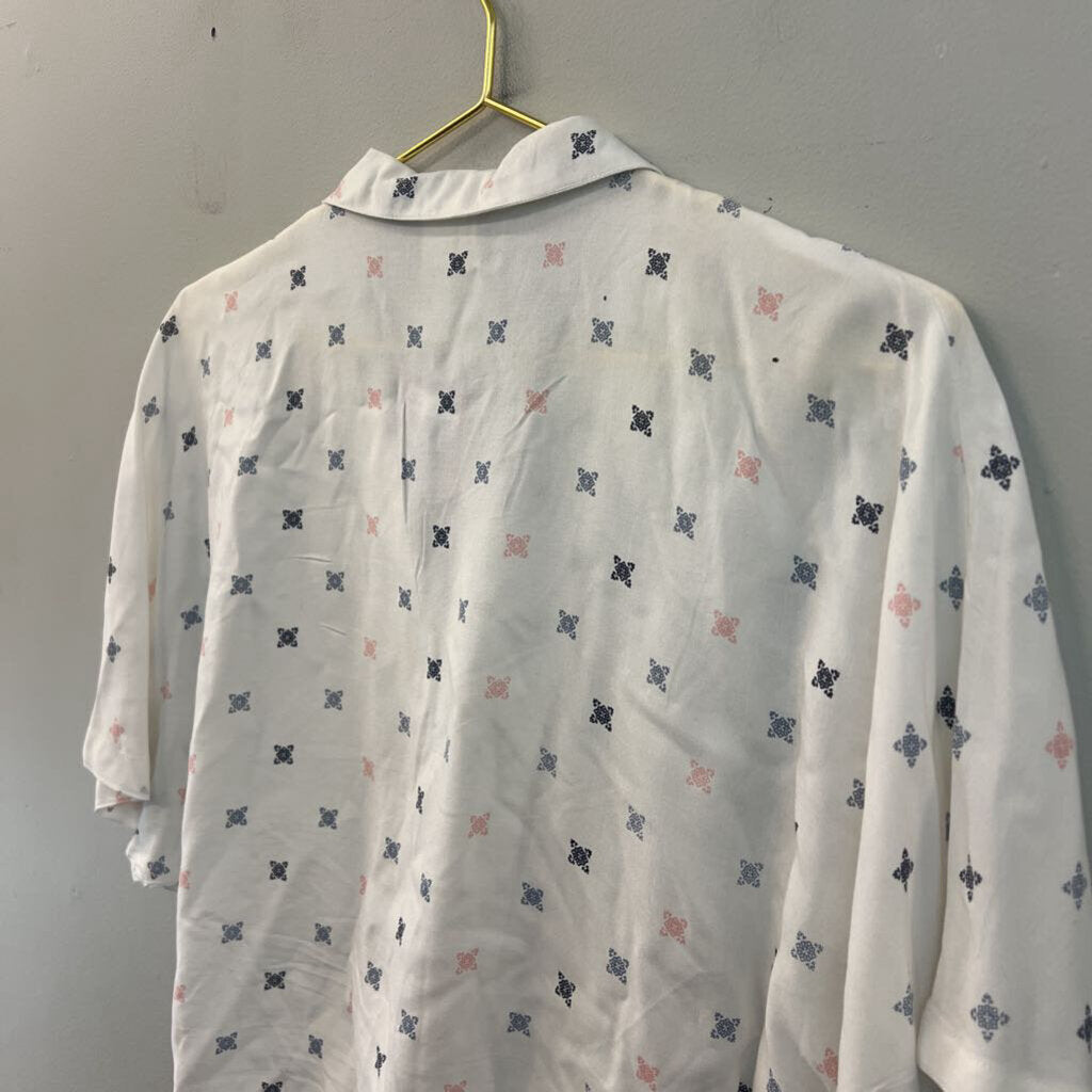 Japna White/ Blue/ Pink Print Short Sleeve Button Down Tie Front Top Extra Small