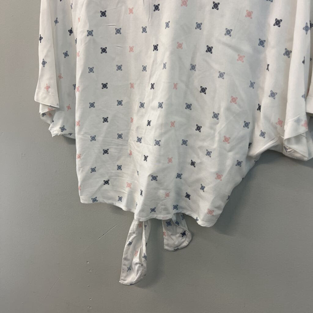 Japna White/ Blue/ Pink Print Short Sleeve Button Down Tie Front Top Extra Small