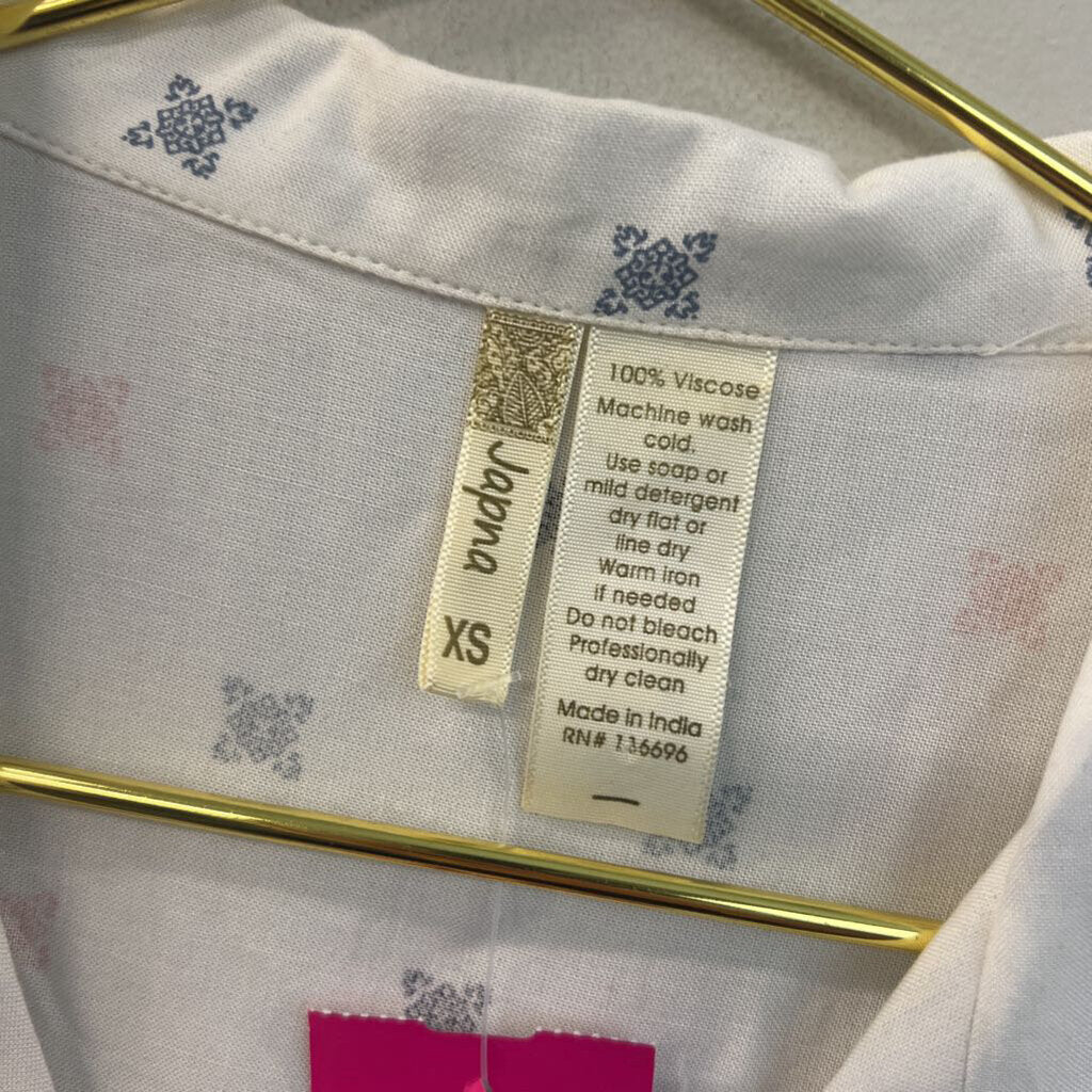 Japna White/ Blue/ Pink Print Short Sleeve Button Down Tie Front Top Extra Small