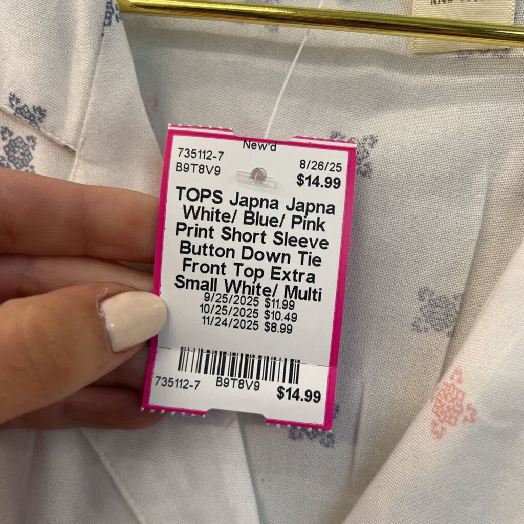 Japna White/ Blue/ Pink Print Short Sleeve Button Down Tie Front Top Extra Small