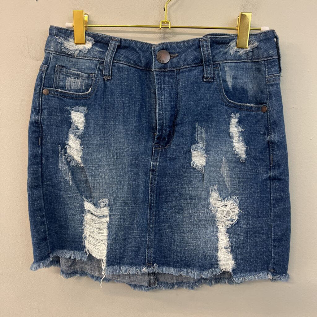 Elan Medium Wash Distressed Denim Mini Skirt Small