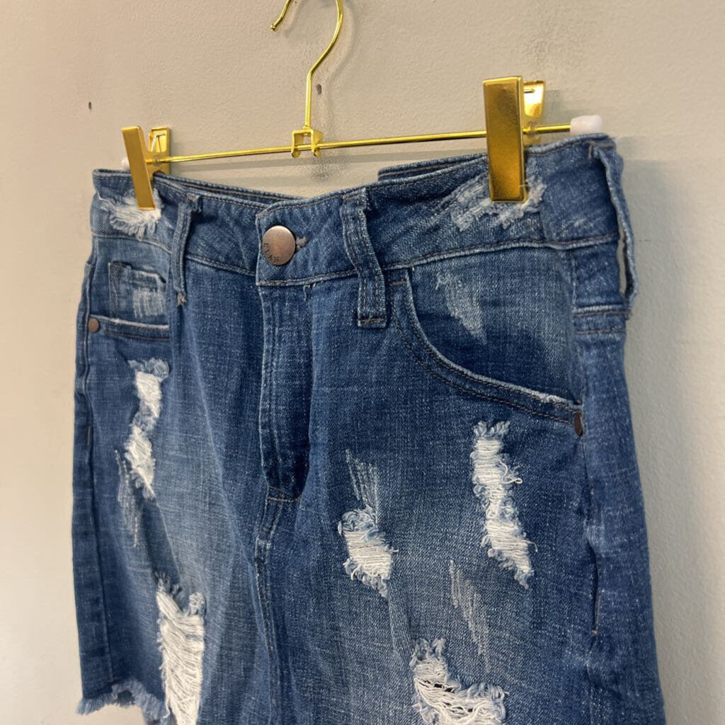 Elan Medium Wash Distressed Denim Mini Skirt Small