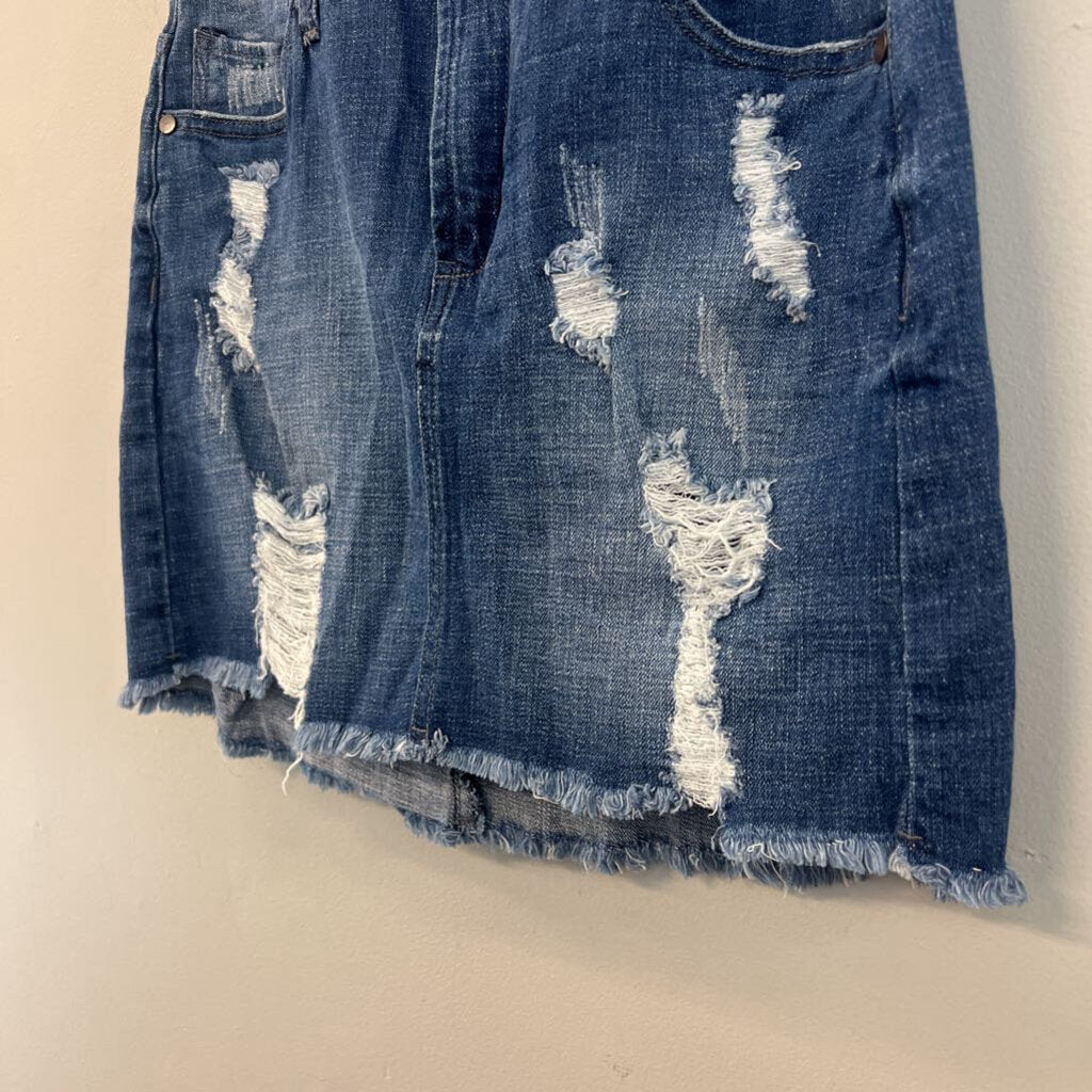 Elan Medium Wash Distressed Denim Mini Skirt Small