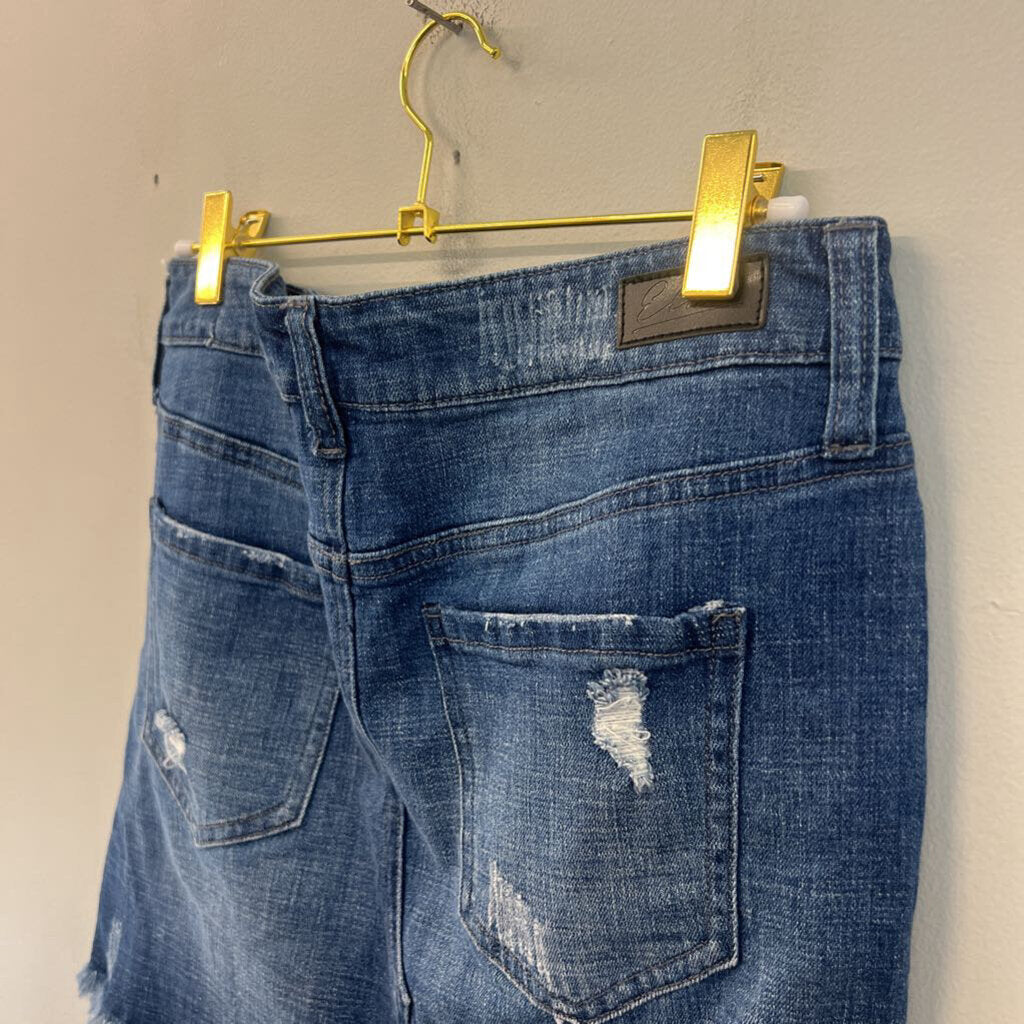 Elan Medium Wash Distressed Denim Mini Skirt Small