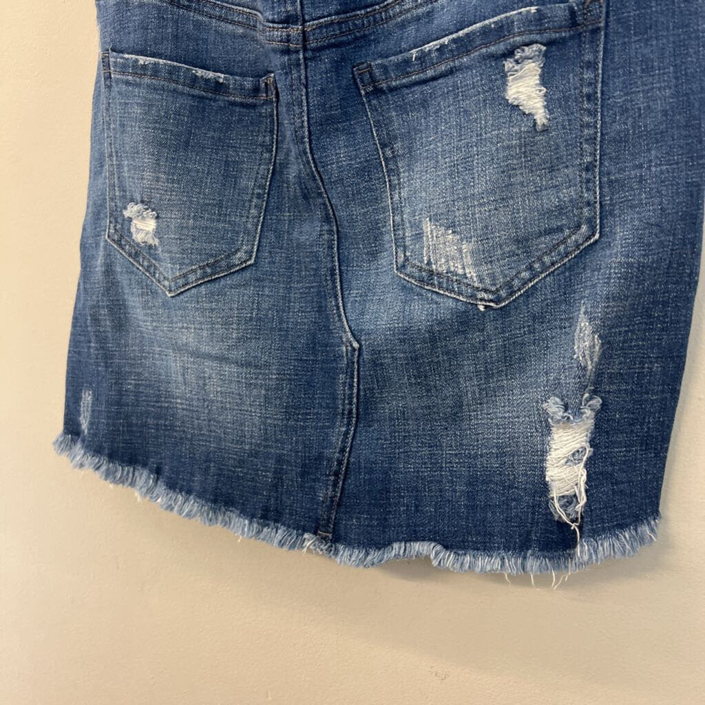 Elan Medium Wash Distressed Denim Mini Skirt Small