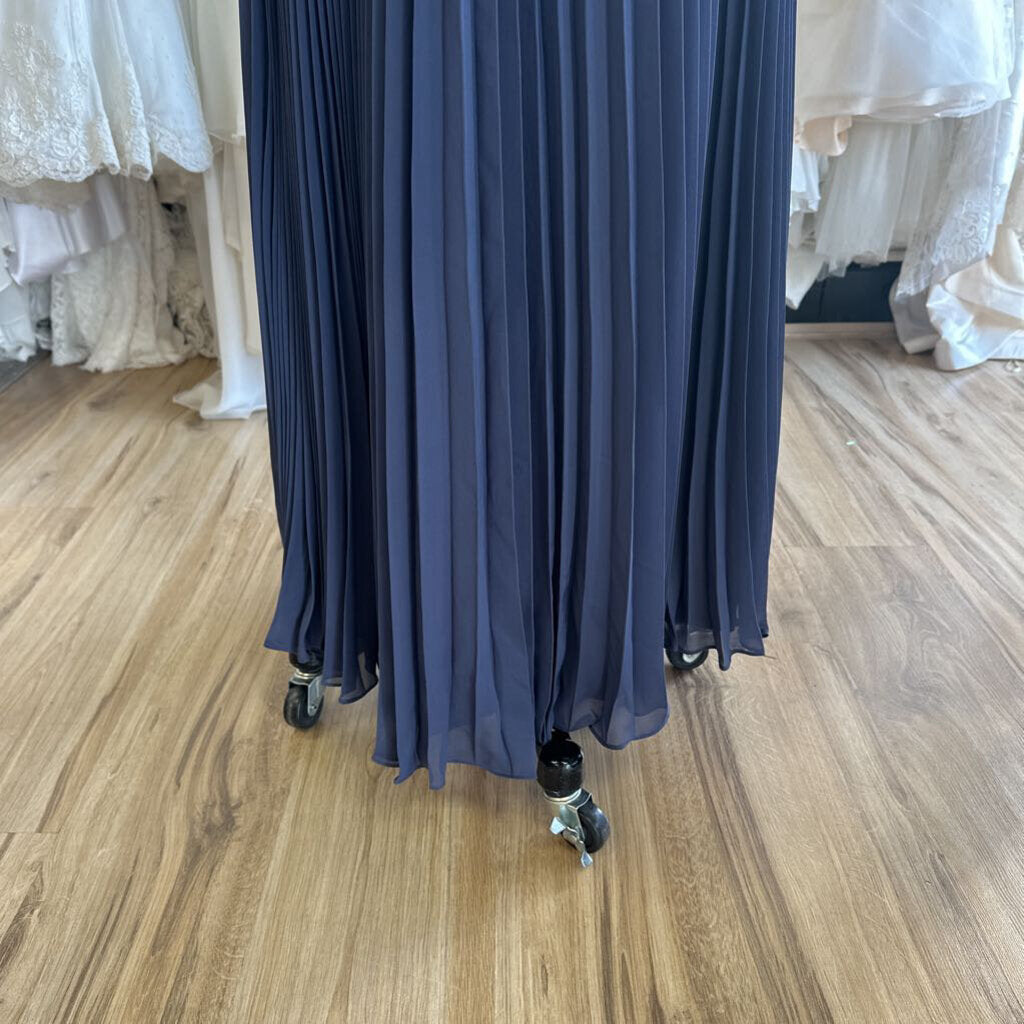 Blue Pleated Long Sleeve Long Formal Dress Medium