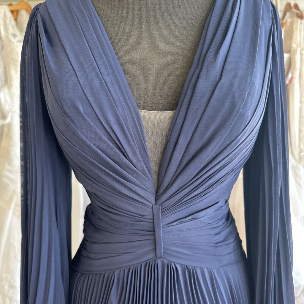 Blue Pleated Long Sleeve Long Formal Dress Medium