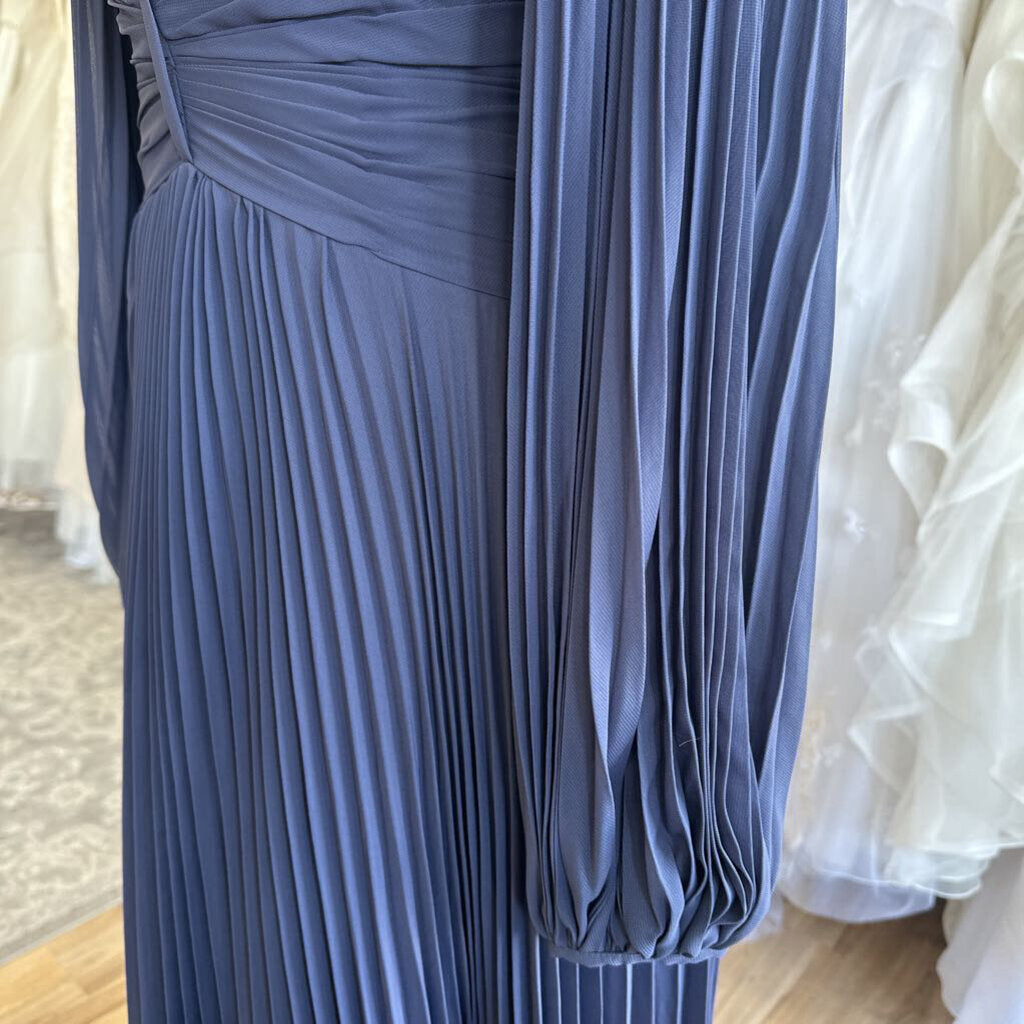 Blue Pleated Long Sleeve Long Formal Dress Medium