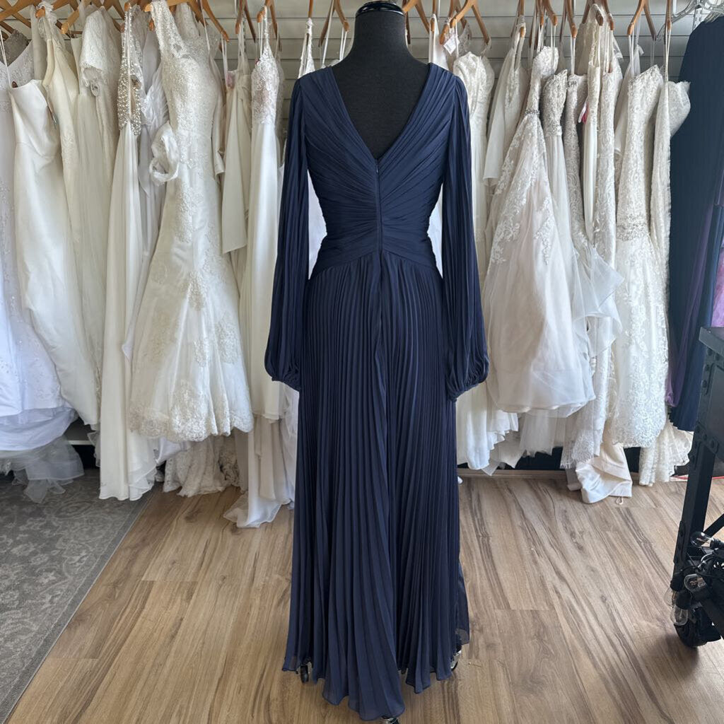 Blue Pleated Long Sleeve Long Formal Dress Medium