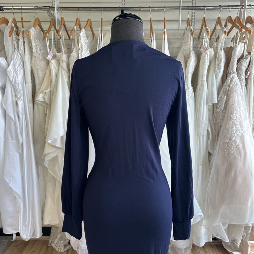 Pretty Garden Navy Long Sleeve Fitted Long Formal Dress Medium