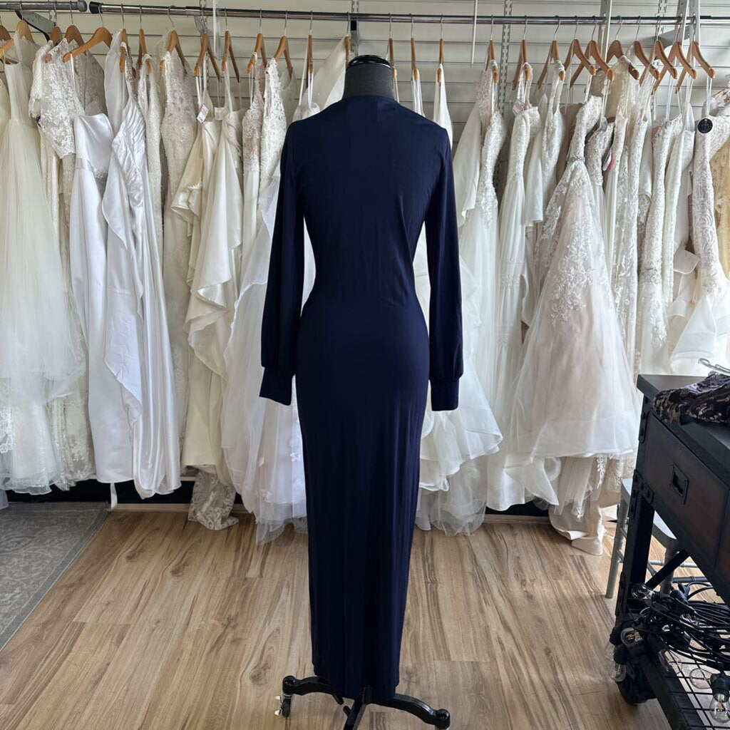 Pretty Garden Navy Long Sleeve Fitted Long Formal Dress Medium