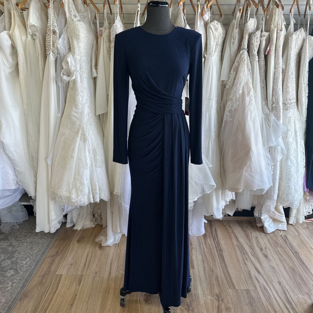 Vince Camuto Navy Long Sleeve Ruched Long Formal Dress 8
