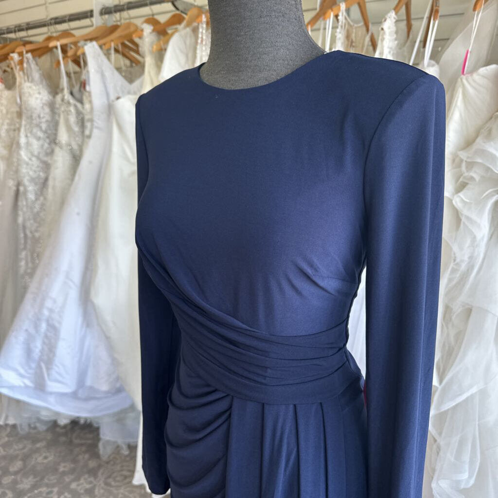 Vince Camuto Navy Long Sleeve Ruched Long Formal Dress 8