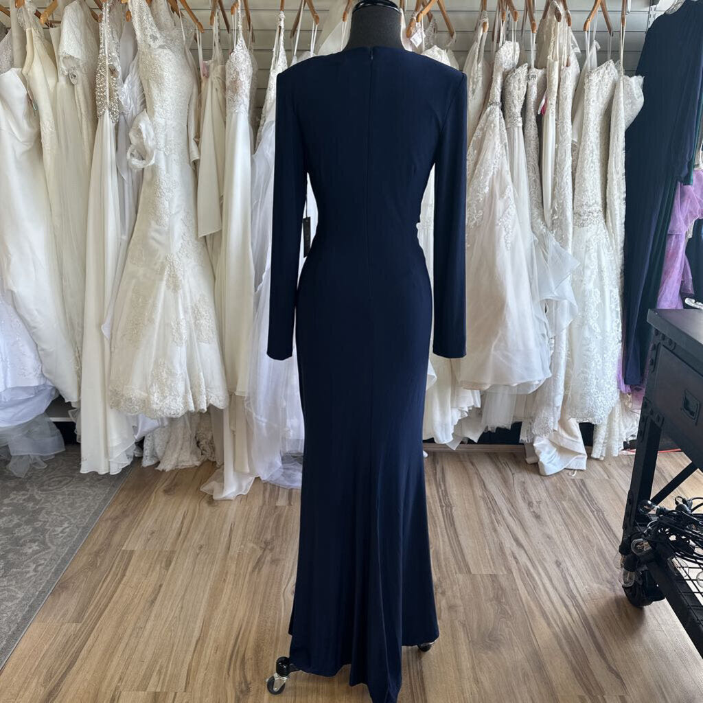 Vince Camuto Navy Long Sleeve Ruched Long Formal Dress 8