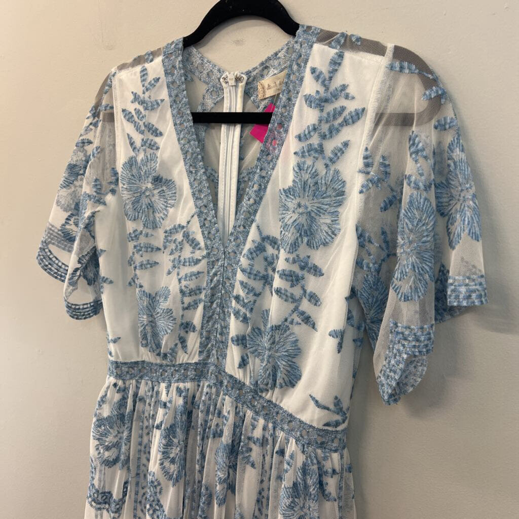 Altar'd State White/ Blue Embroidered Short Sleeve Maxi Dress Medium
