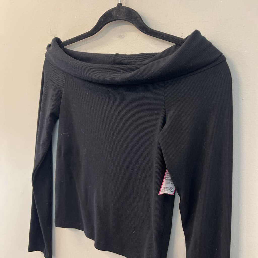American Eagle Black Ribbed Cropped Long Sleeve Off Shoulder Top Small