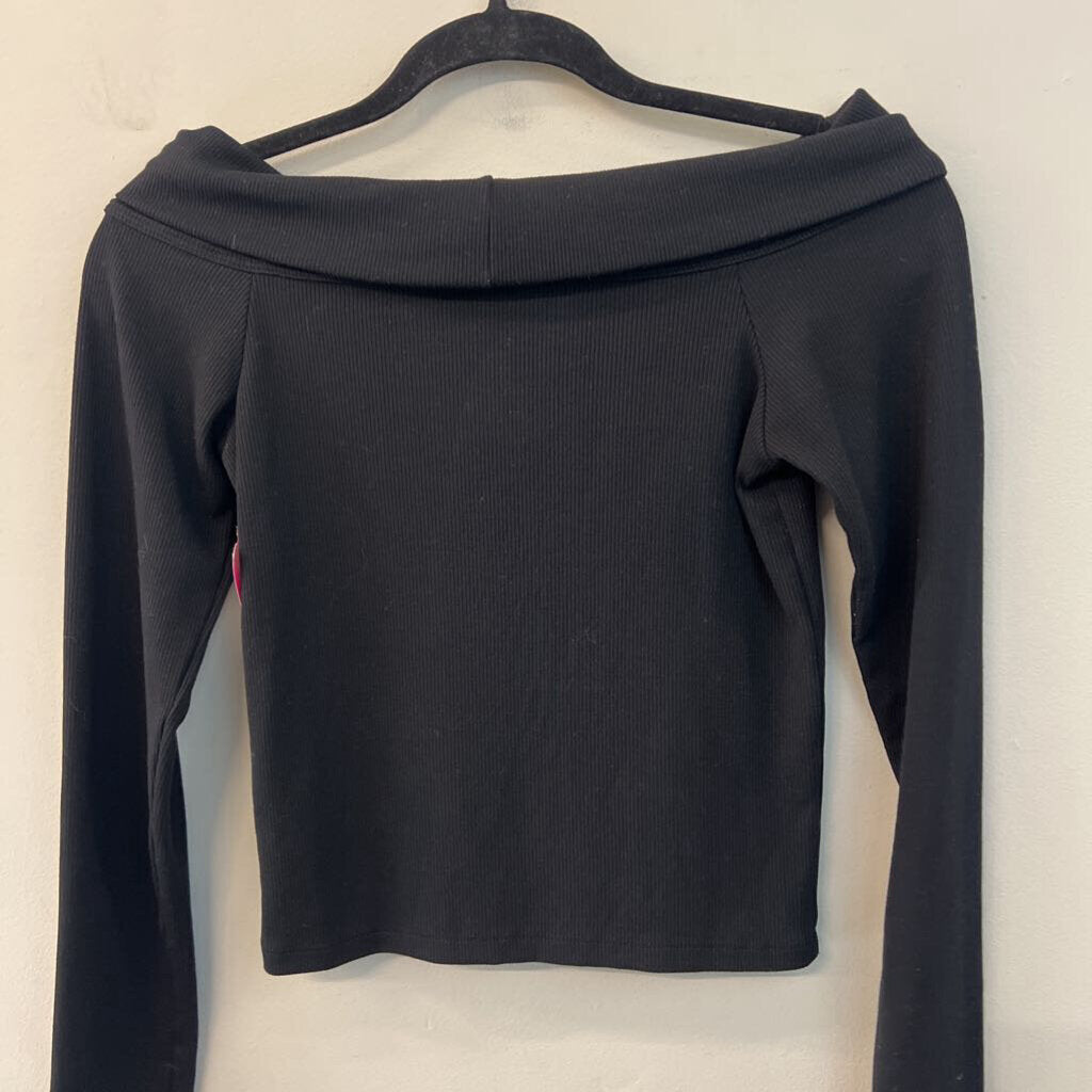 American Eagle Black Ribbed Cropped Long Sleeve Off Shoulder Top Small