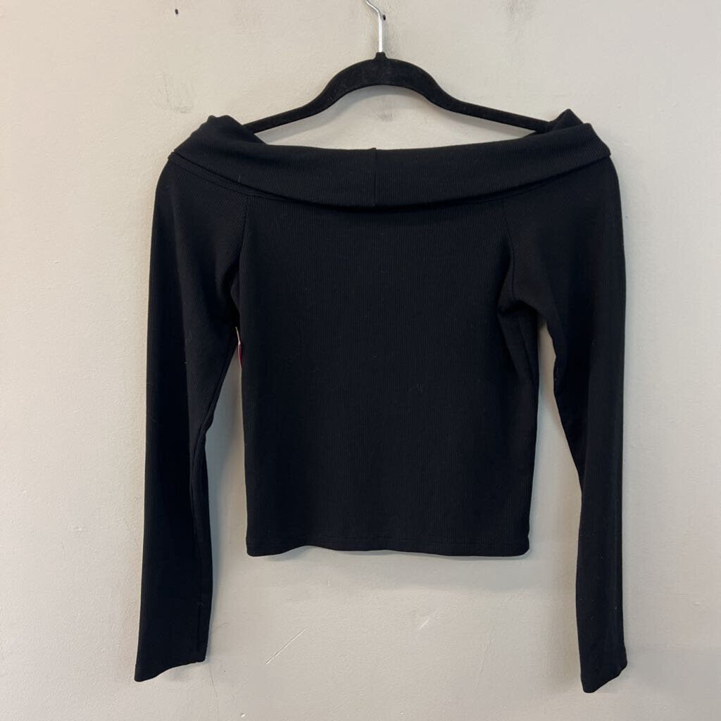 American Eagle Black Ribbed Cropped Long Sleeve Off Shoulder Top Small