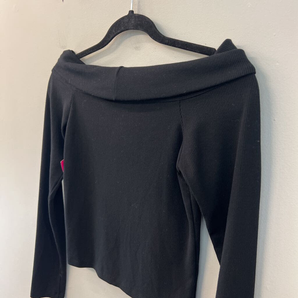 American Eagle Black Ribbed Cropped Long Sleeve Off Shoulder Top Small