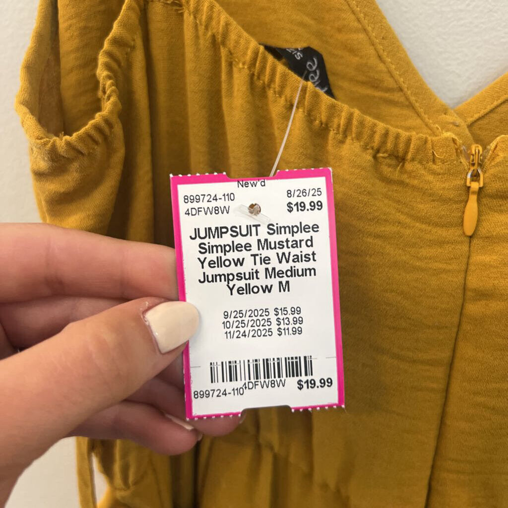 Simplee Mustard Yellow Tie Waist Jumpsuit Medium