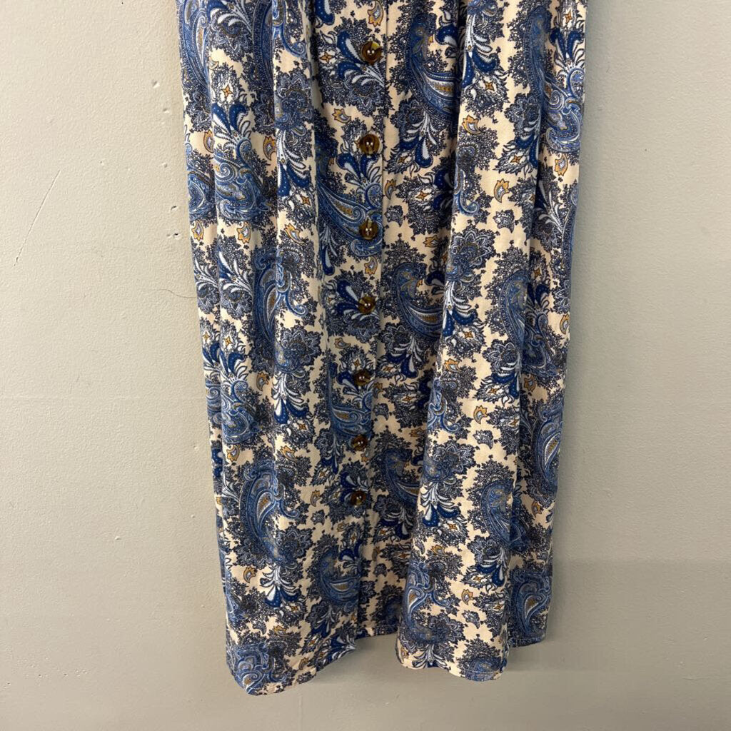 H&M Beige/ Blue Paisley Print Button Front Midi Dress 8