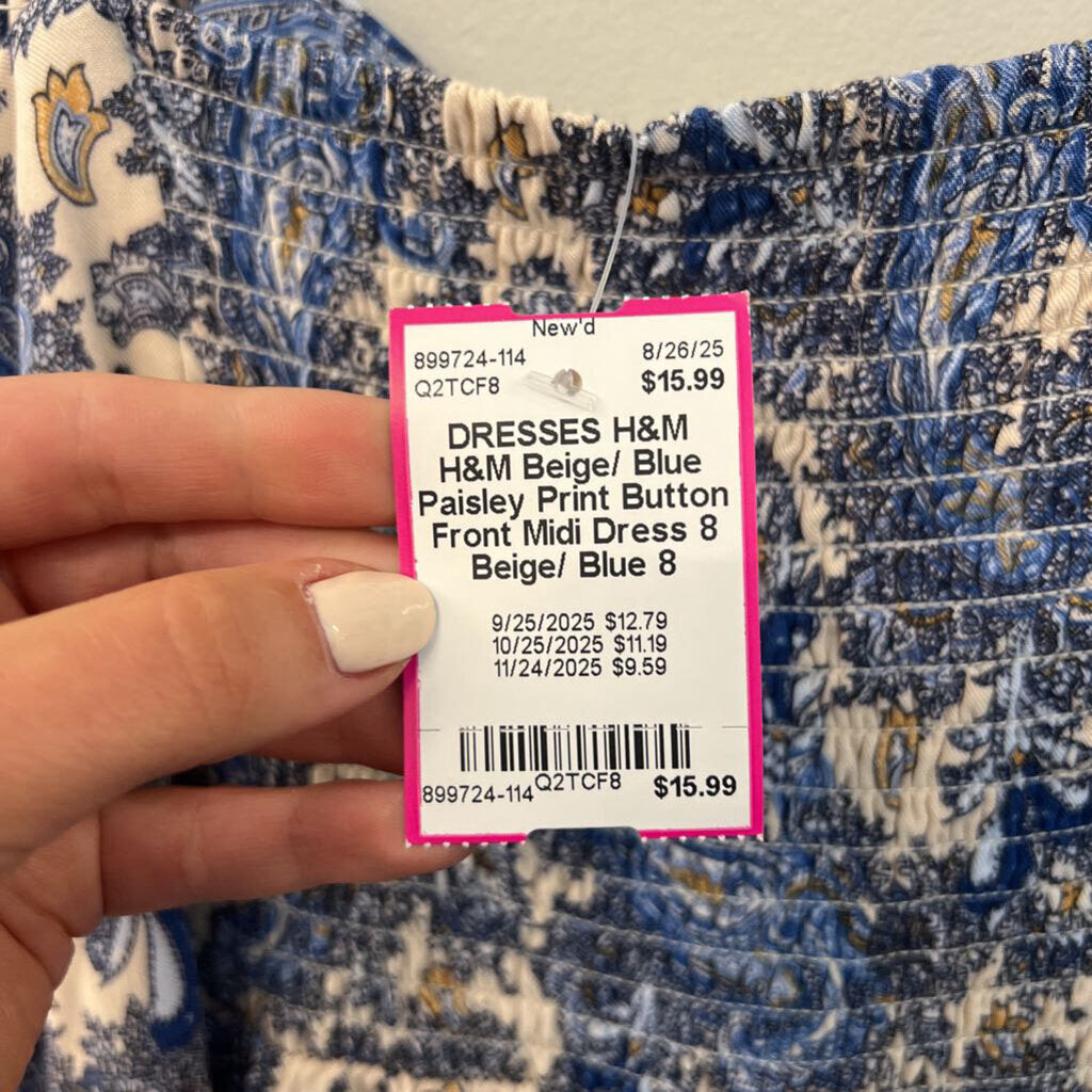 H&M Beige/ Blue Paisley Print Button Front Midi Dress 8