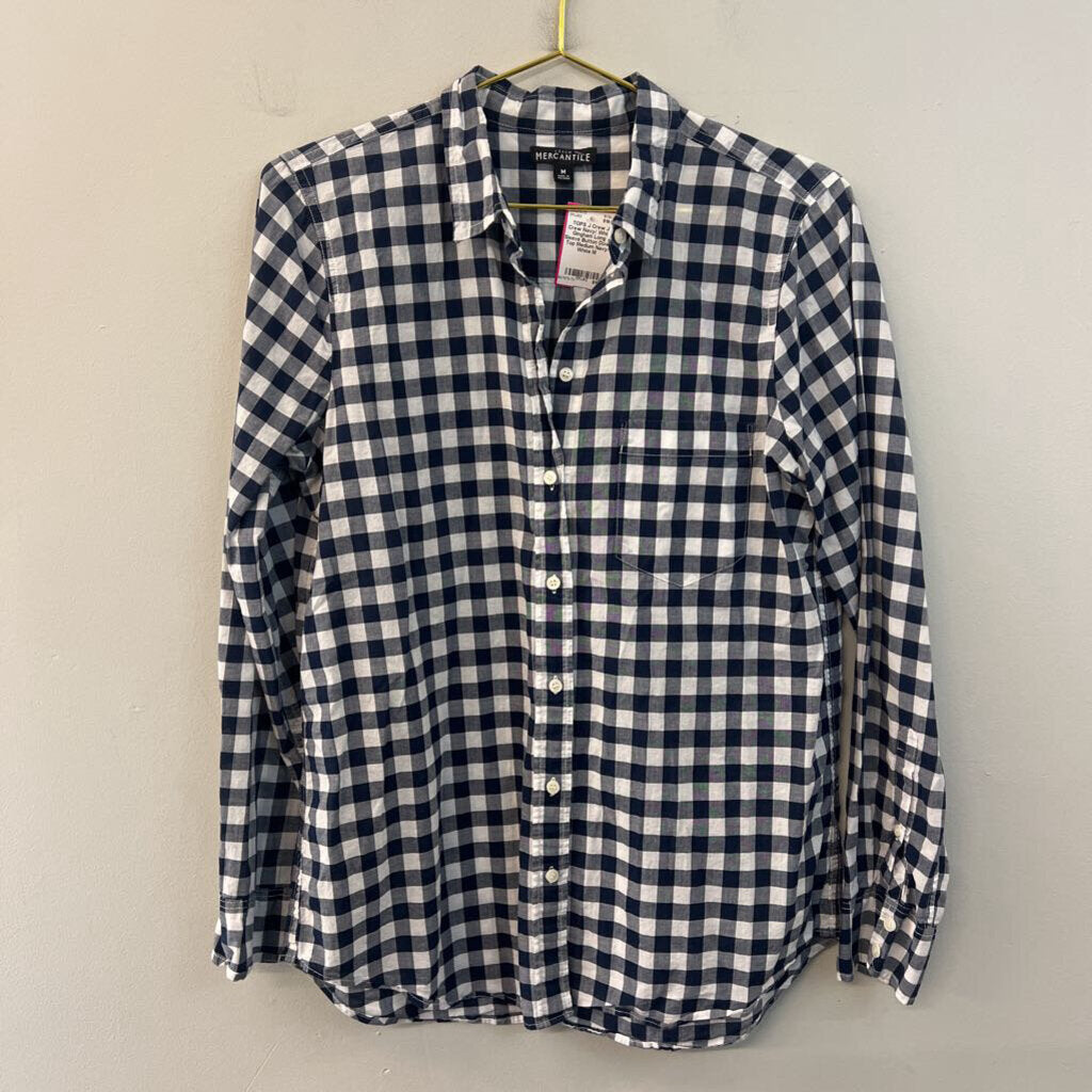 J Crew Navy/ White Gingham Long Sleeve Button Down Top Medium