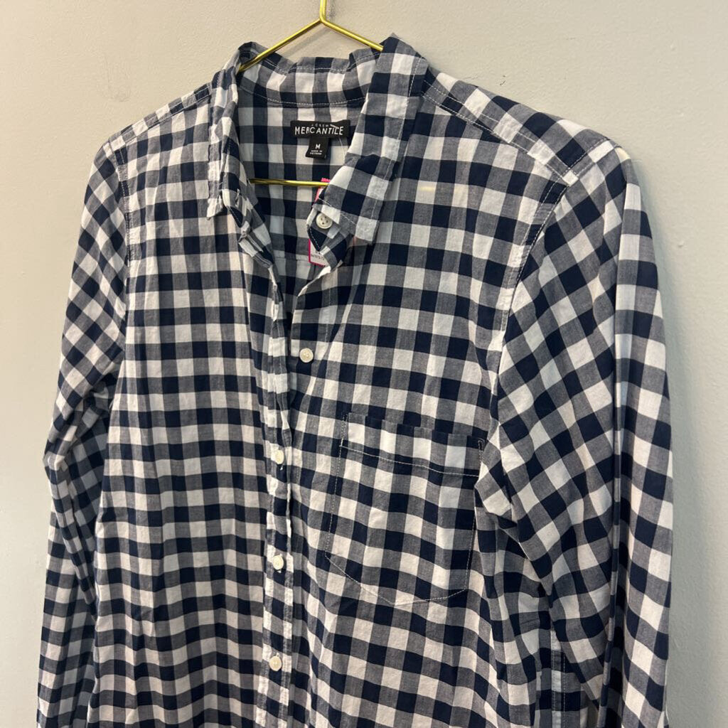 J Crew Navy/ White Gingham Long Sleeve Button Down Top Medium