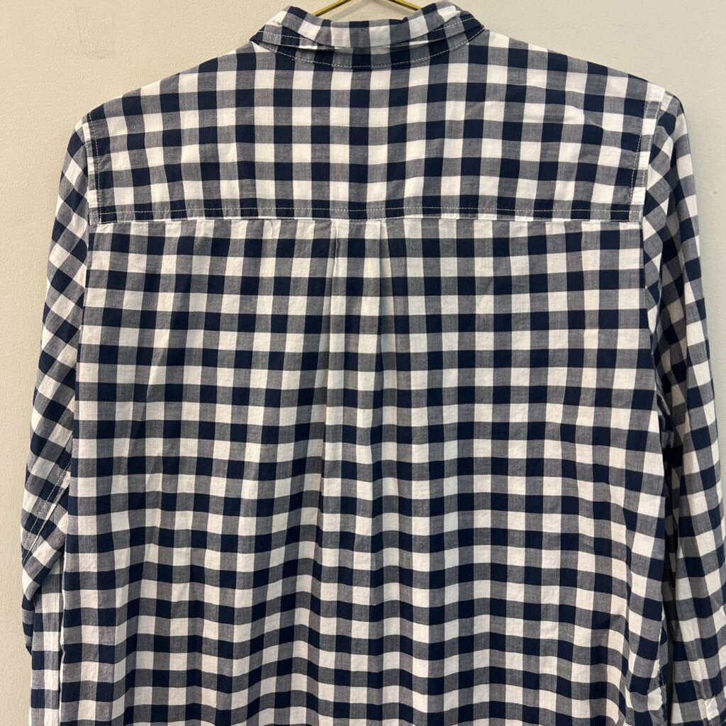 J Crew Navy/ White Gingham Long Sleeve Button Down Top Medium