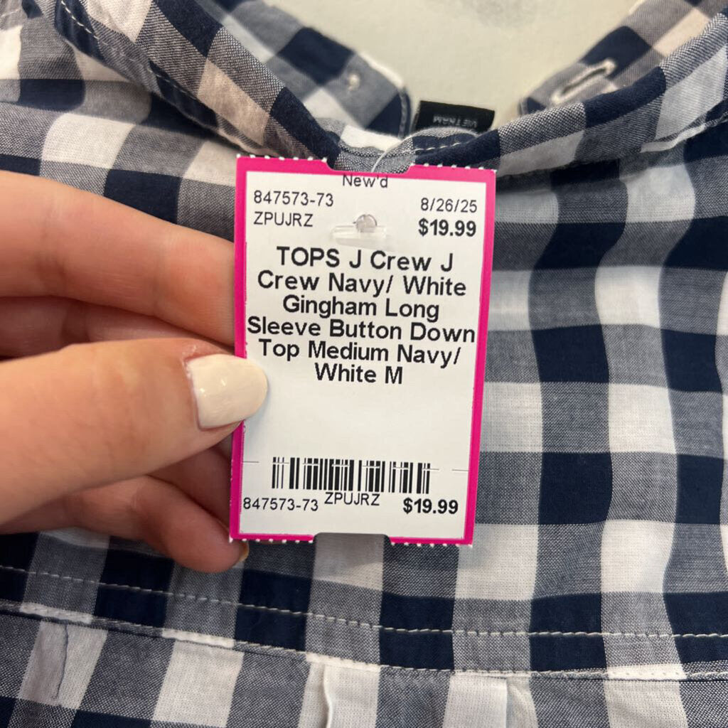 J Crew Navy/ White Gingham Long Sleeve Button Down Top Medium