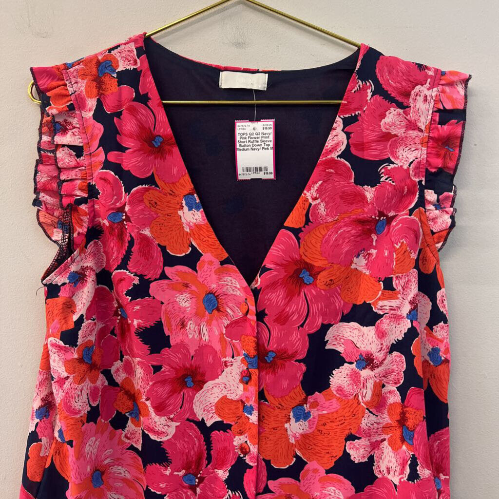 Q2 Navy/ Pink Flower Print Short Ruffle Sleeve Button Down Top Medium