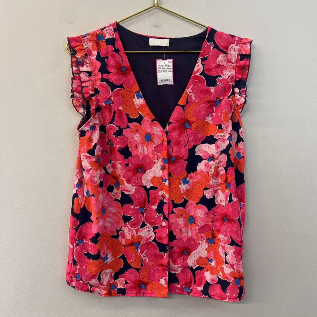 Q2 Navy/ Pink Flower Print Short Ruffle Sleeve Button Down Top Medium