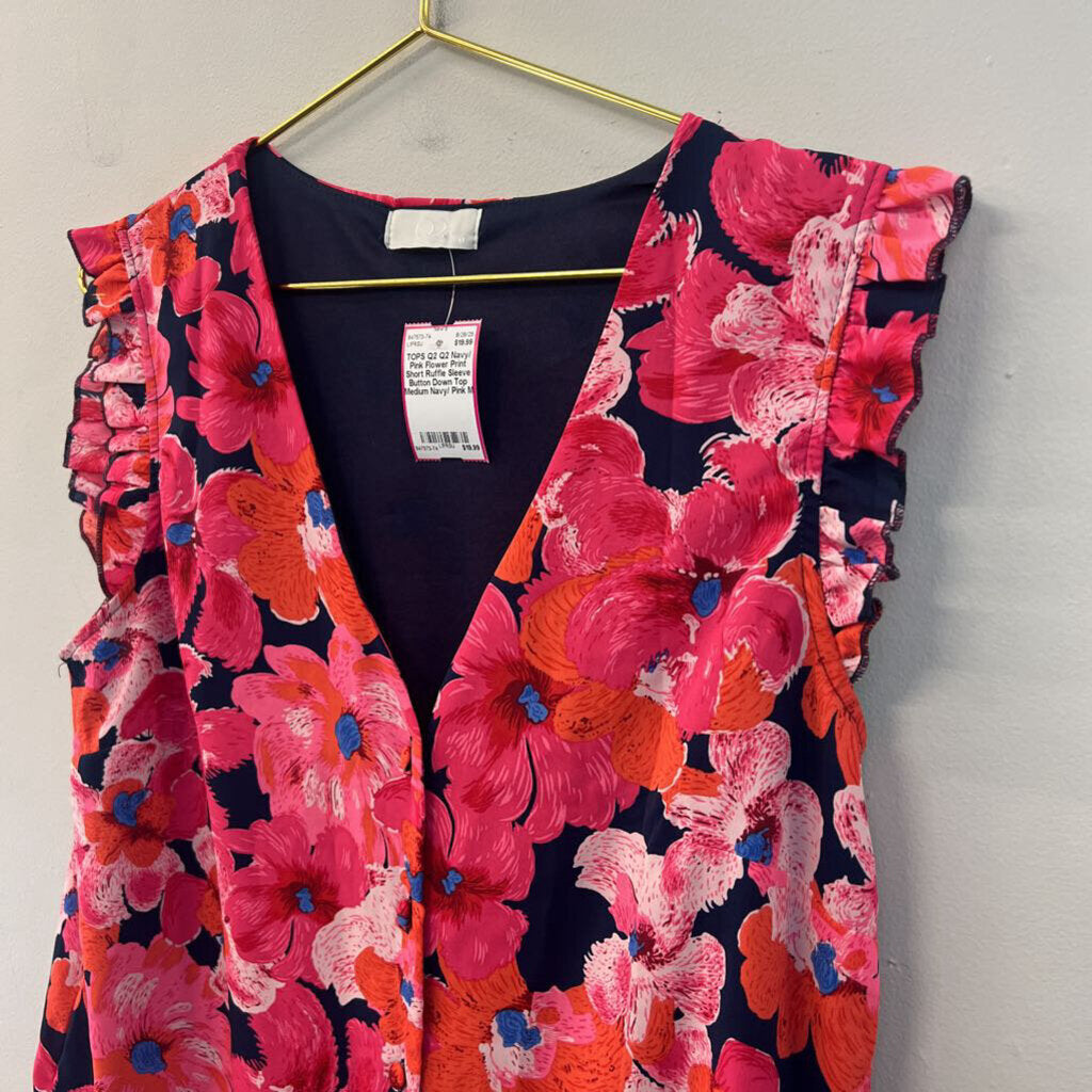 Q2 Navy/ Pink Flower Print Short Ruffle Sleeve Button Down Top Medium