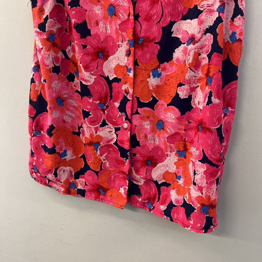 Q2 Navy/ Pink Flower Print Short Ruffle Sleeve Button Down Top Medium