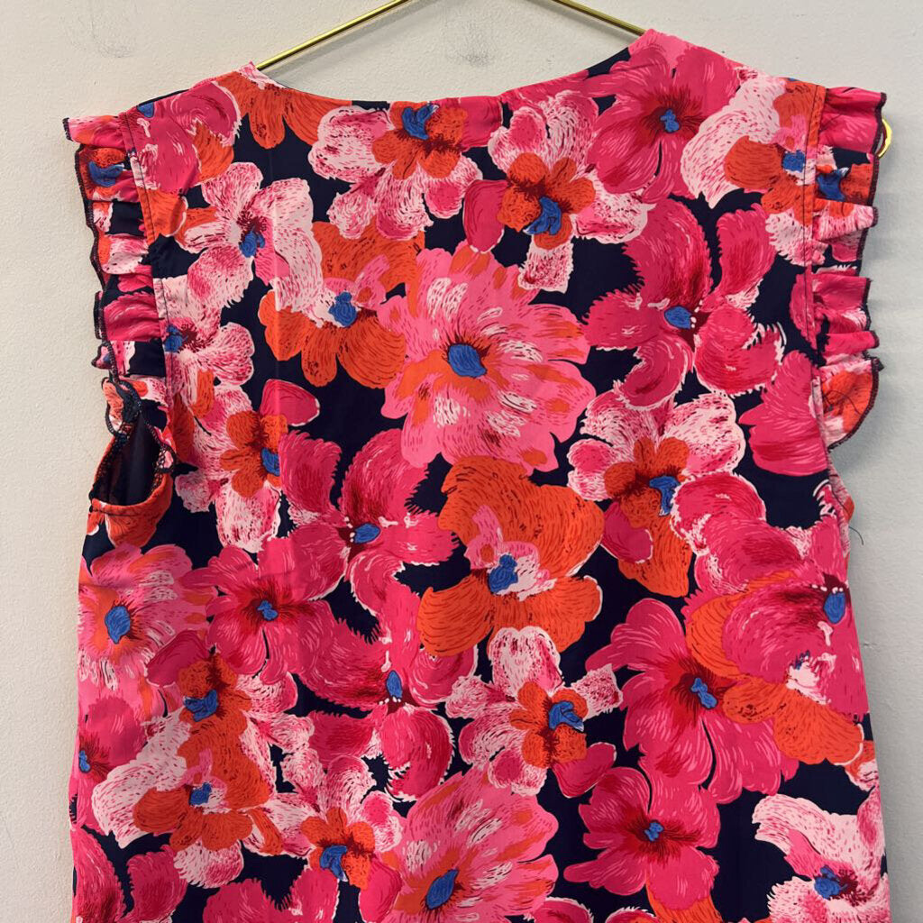 Q2 Navy/ Pink Flower Print Short Ruffle Sleeve Button Down Top Medium